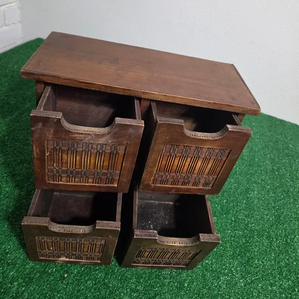 Vintage Wooden Desktop Organizer 4-Drawer Cabinet with Woven Bamboo & Rattan Pa